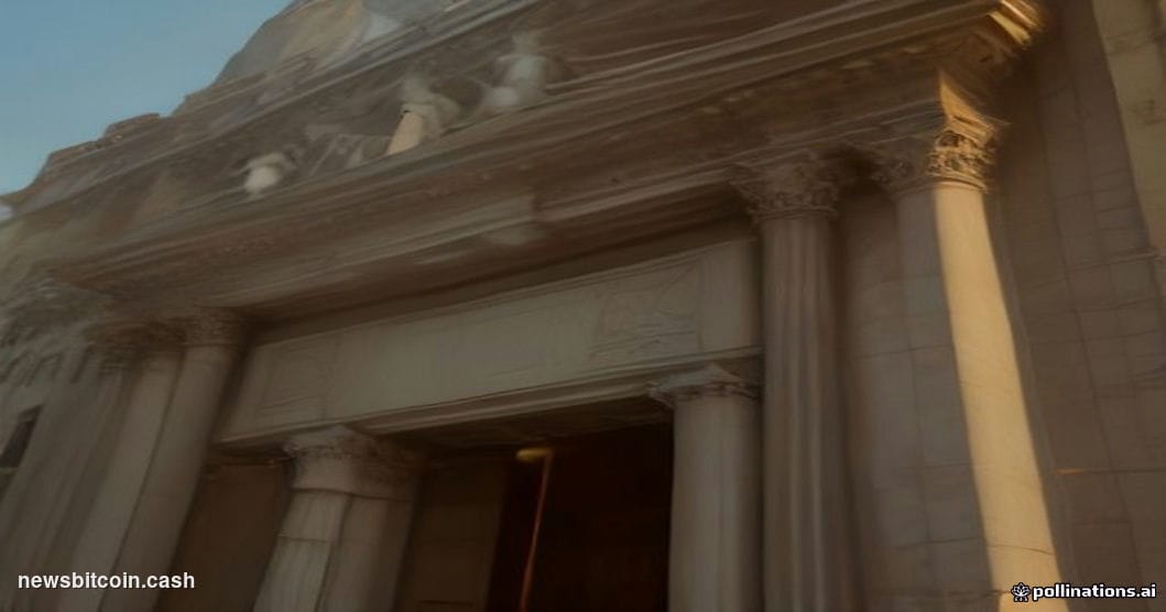 A cinematic photorealistic editorial photograph of the New York Stock Exchange facade on Wall Street, shot at dusk from a low