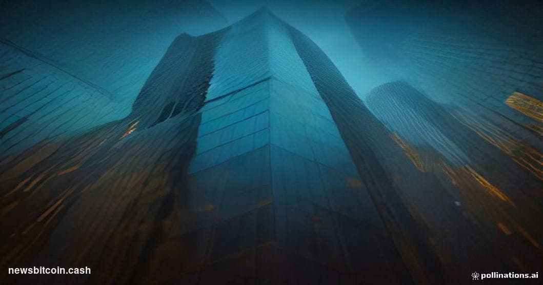 A cinematic photorealistic editorial photograph shot from a low angle looking up at the glass-and-steel facade of a major fin