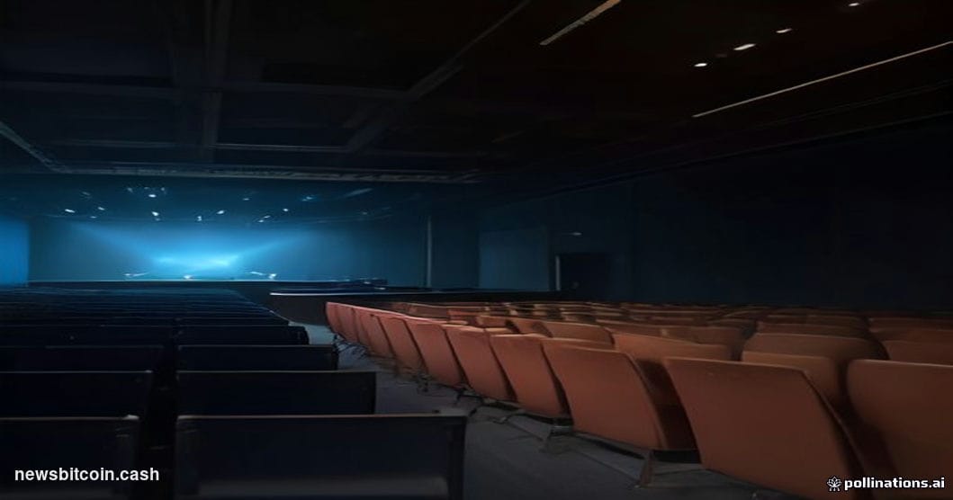 Cinematic photorealistic editorial photograph shot in a dimly lit Singapore conference hall reminiscent of the TOKEN2049 venu