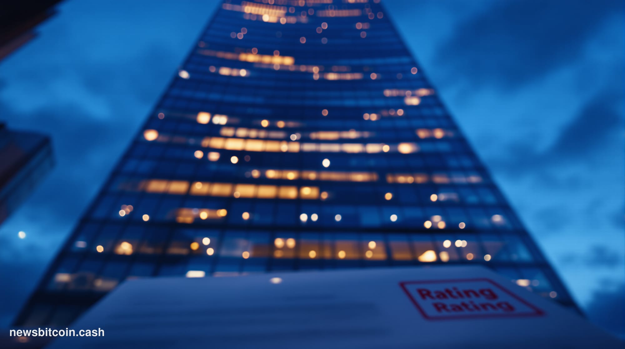 Cinematic photorealistic editorial photograph of a towering glass-and-steel financial district building at dusk, seen from a 