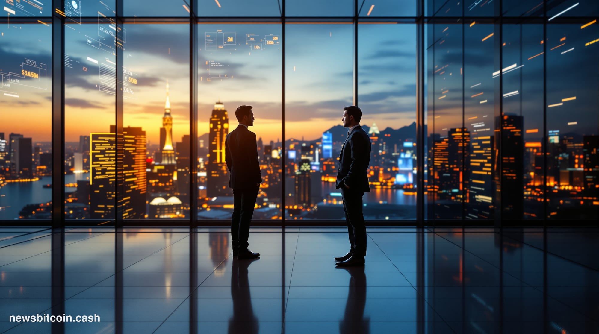 Cinematic photorealistic editorial photograph of the Hong Kong financial district skyline at dusk, viewed from a low angle lo