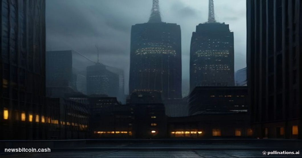 Cinematic photorealistic editorial photograph of a towering Wall Street financial district exterior at dusk, with Morgan Stan