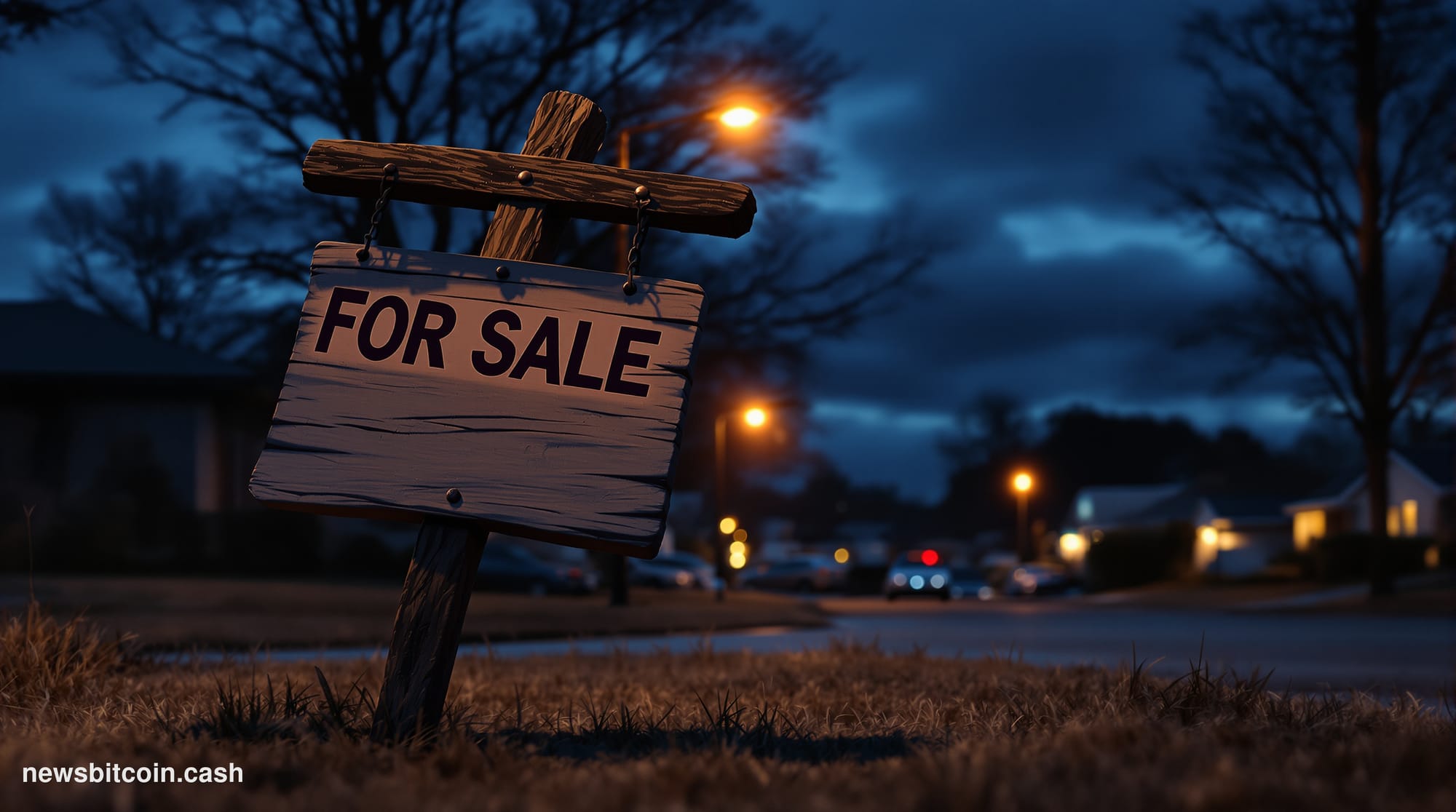 Cinematic photorealistic editorial photograph of a mid-century American suburban neighborhood at dusk, shot from a low angle 