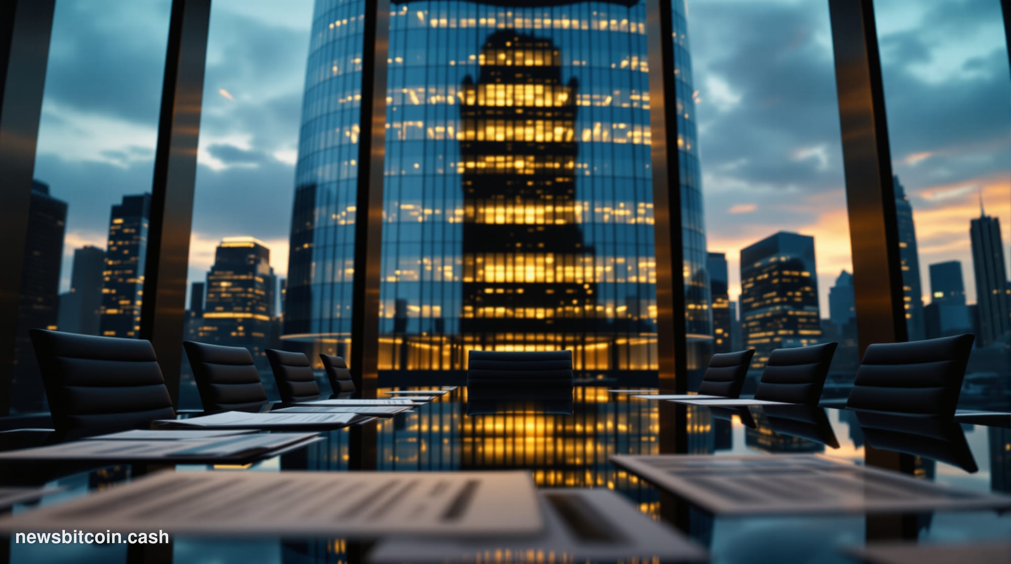 Cinematic photorealistic editorial photograph of a monumental glass-and-steel financial office tower at dusk, shot from a low