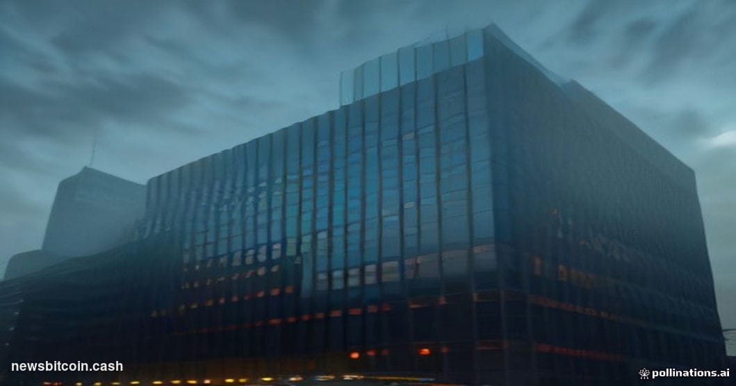 Cinematic photorealistic editorial photograph of a towering glass-and-steel financial index data center or exchange building 