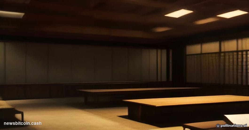 A cinematic photorealistic editorial photograph set inside a cavernous, dimly lit Japanese courthouse archive room in Tokyo, 