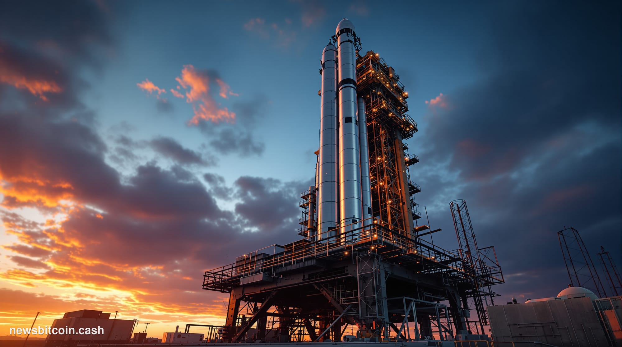 Cinematic photorealistic editorial photograph of a SpaceX Starship rocket on a launch pad at dusk, bathed in dramatic orange 