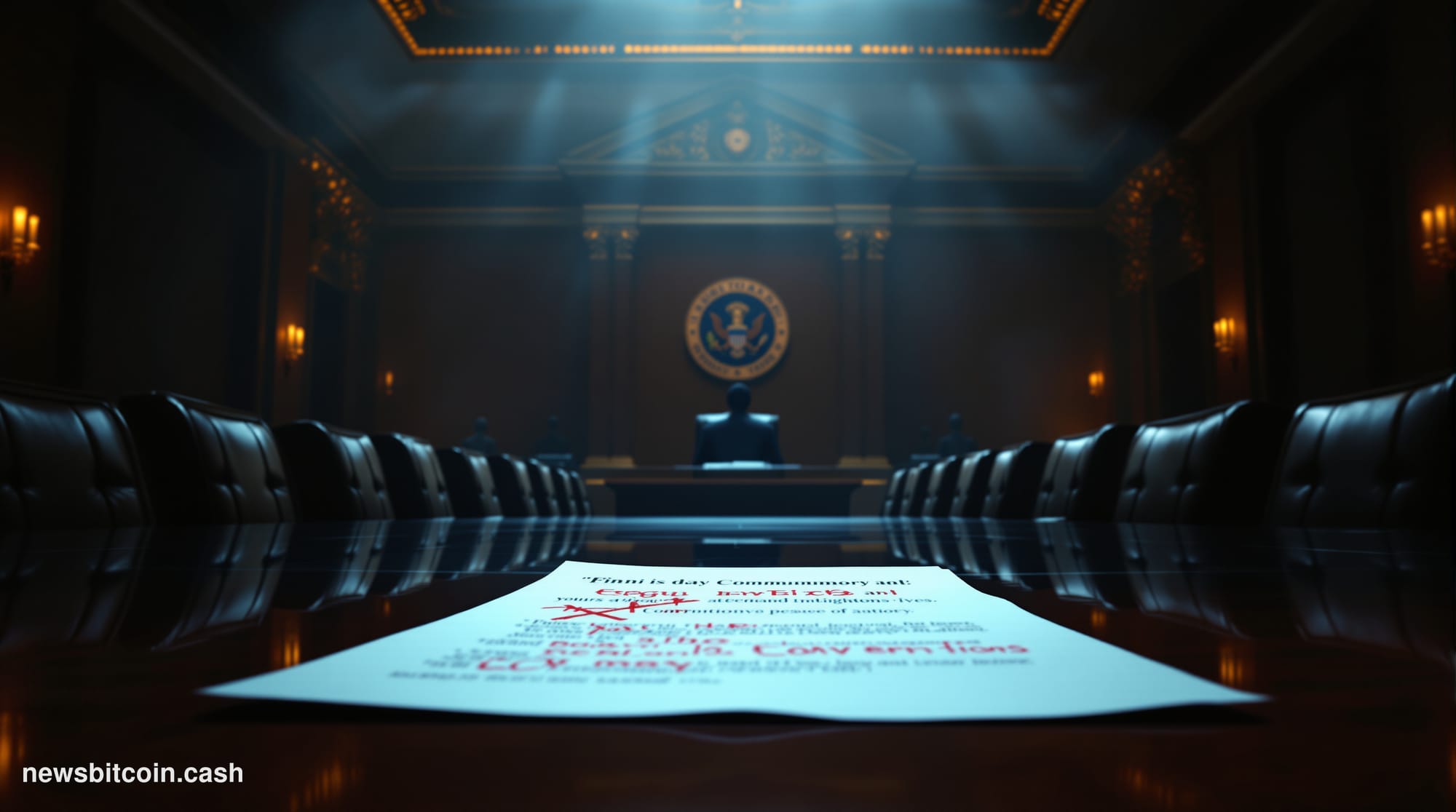 A cinematic photorealistic editorial photograph set inside a dimly lit, high-ceilinged government hearing chamber, shot from 