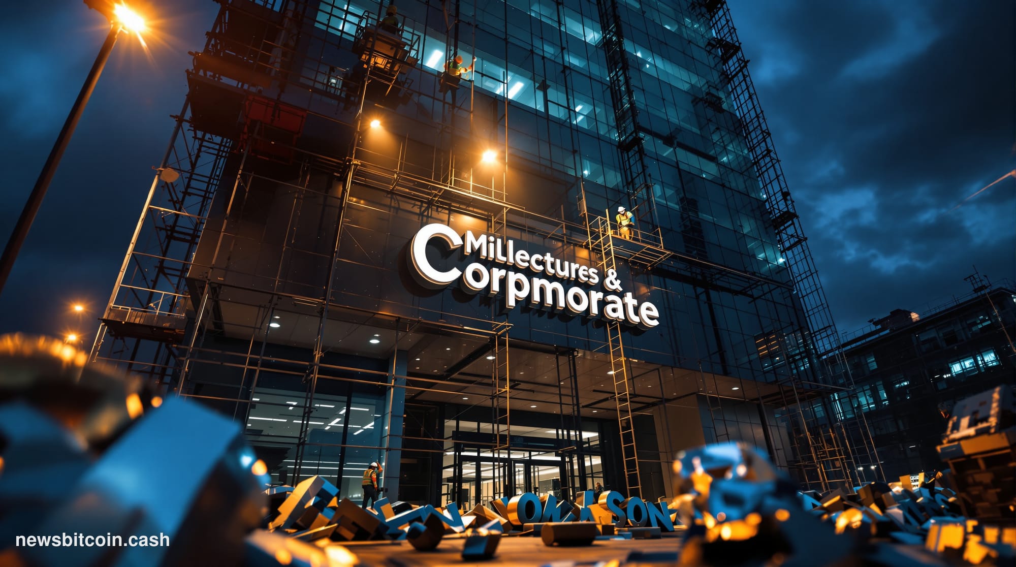 Cinematic photorealistic editorial photograph of a large corporate headquarters building at dusk, shot from a low angle looki