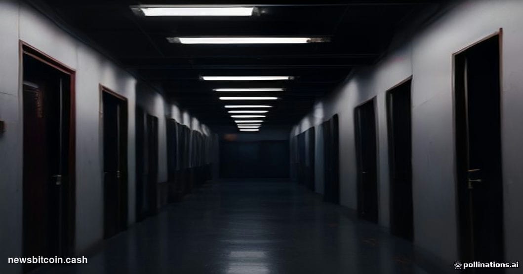 Cinematic photorealistic editorial photograph of a server rack corridor bathed in deep red emergency lighting, with a shatter