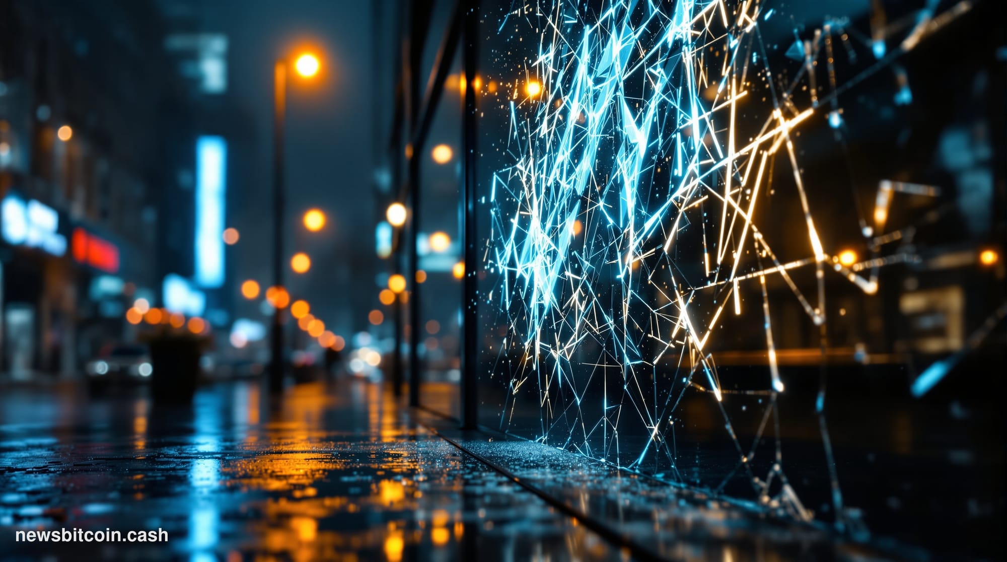 Cinematic photorealistic editorial photograph of a dark, rain-slicked urban street at night with a shattered digital display 