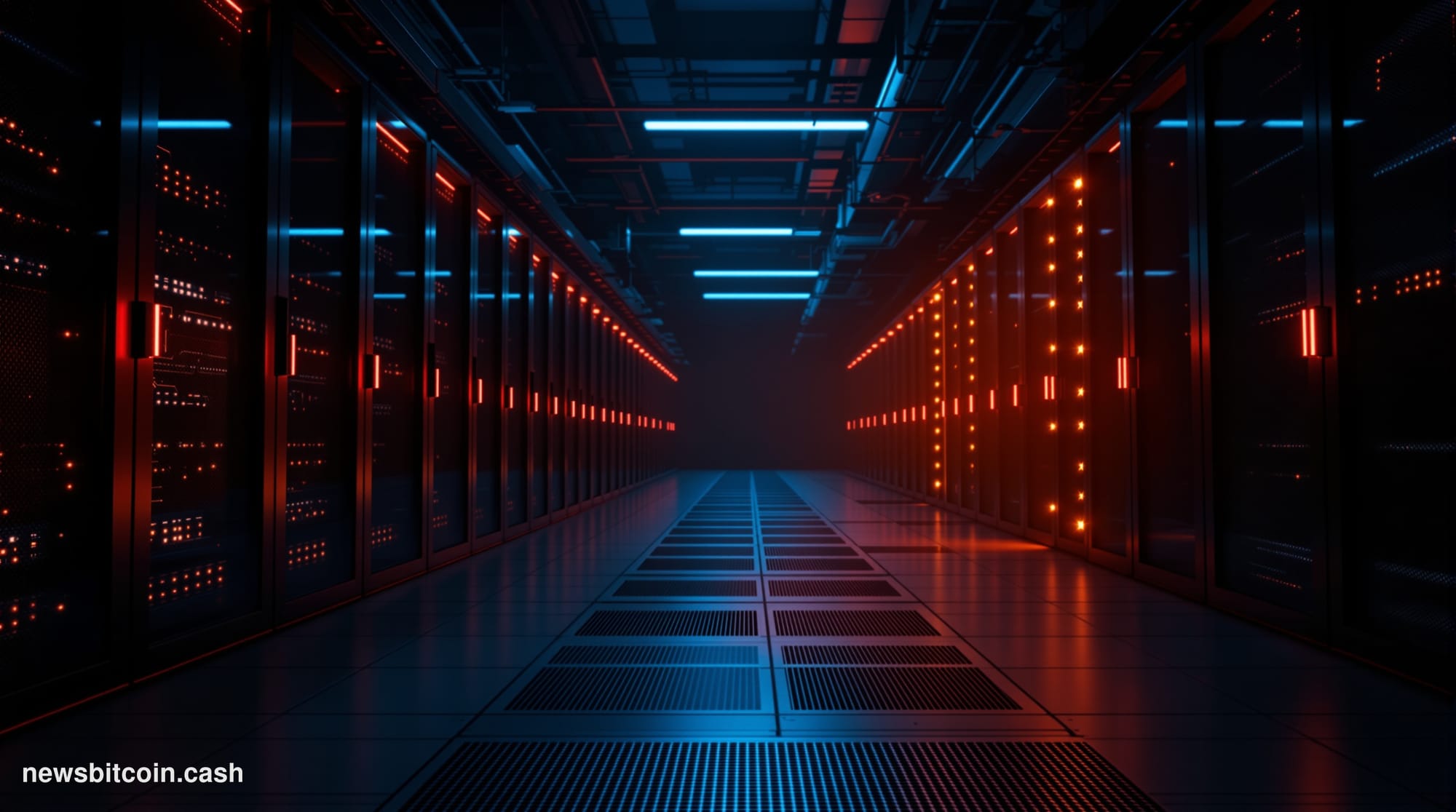 A cinematic photorealistic editorial photograph of a desolate, dimly lit server room corridor with emergency red warning ligh