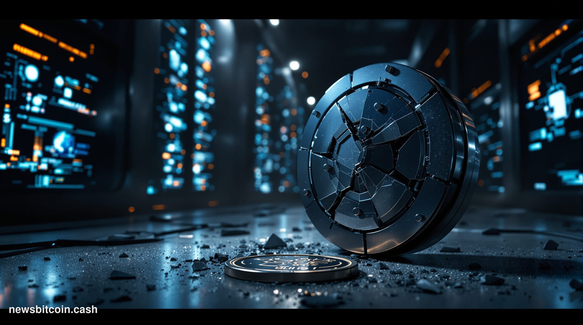 Cinematic photorealistic editorial photograph of a shattered digital vault door lying on a cold concrete floor inside a dark 
