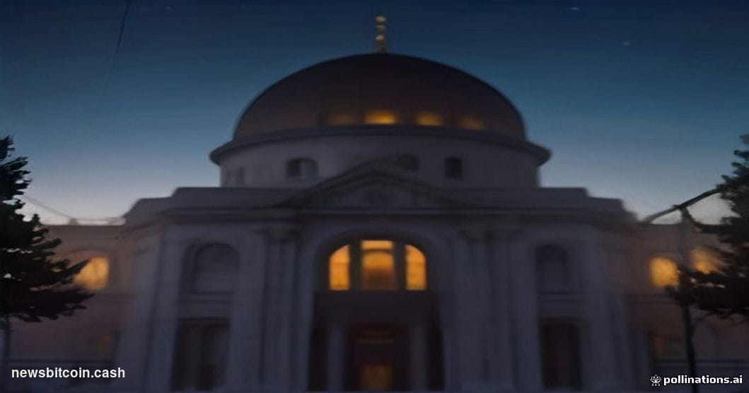 Cinematic photorealistic editorial photograph of the Israeli Knesset building in Jerusalem at dusk, its distinctive stone fac