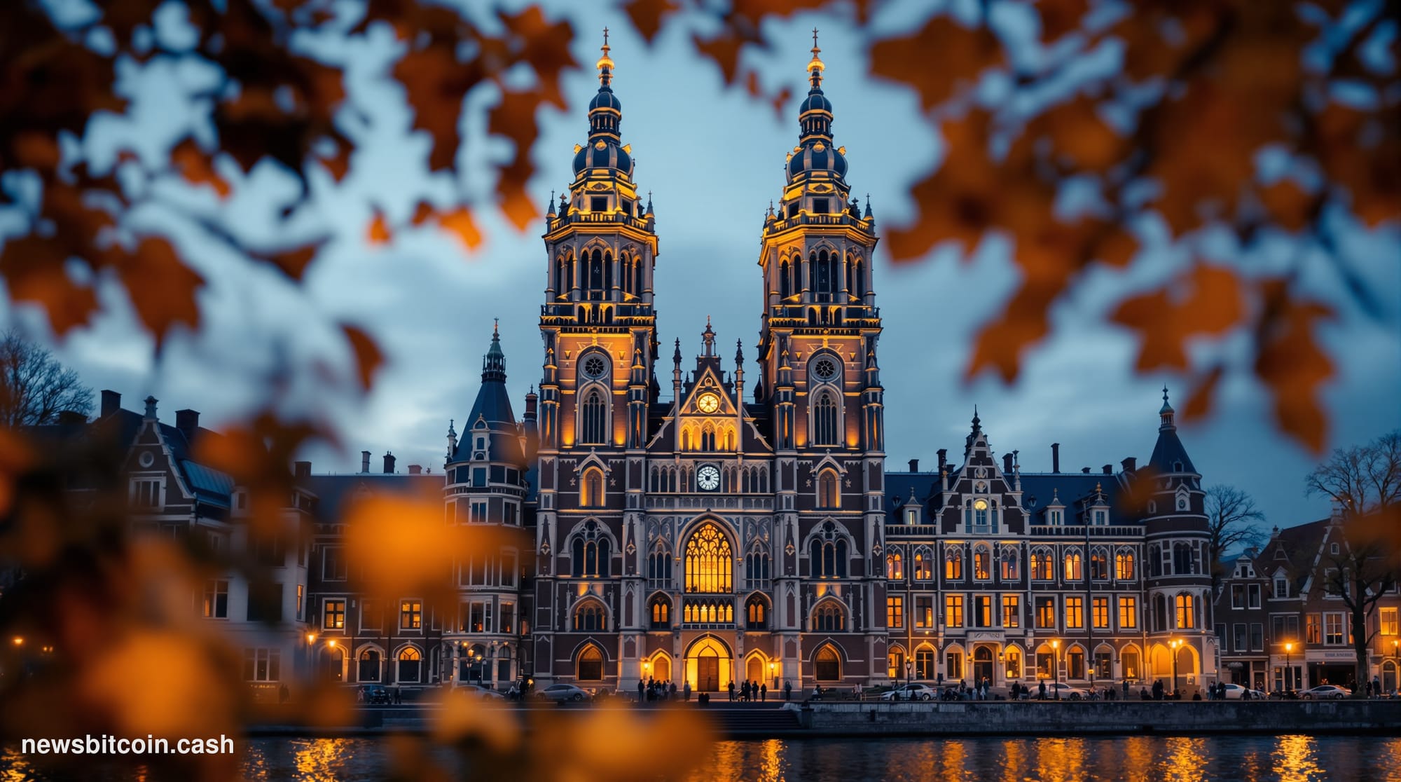 Cinematic photorealistic editorial photograph of the Dutch parliament building (Binnenhof) in The Hague, Netherlands, shot at