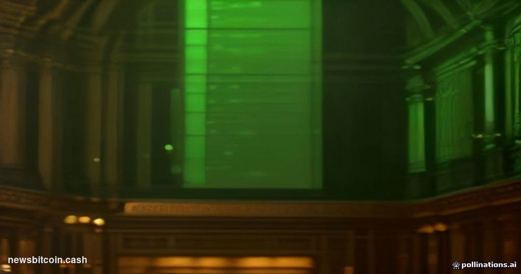 A cinematic photorealistic editorial photograph set inside a traditional stock exchange trading floor, likely modeled on the 