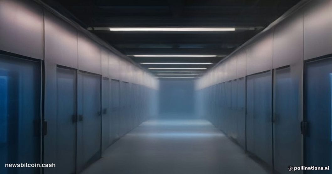 Cinematic photorealistic editorial photograph of a dimly lit high-security data center corridor, shot from a low angle lookin