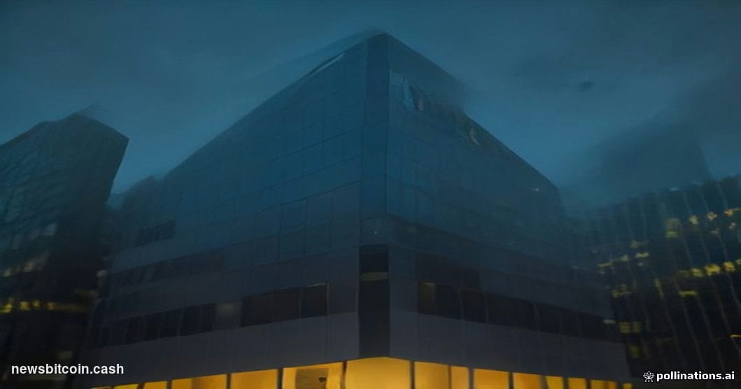 Cinematic photorealistic editorial photograph shot at a low angle looking up at the Binance headquarters building exterior at