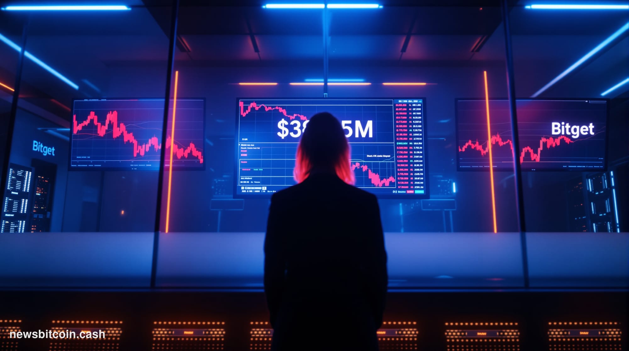 Cinematic photorealistic editorial photograph of a sleek cryptocurrency exchange trading floor at night, bathed in cold blue 