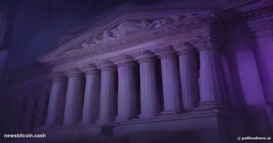 Cinematic photorealistic editorial photograph of the New York Stock Exchange building on Wall Street at night, shot from a lo