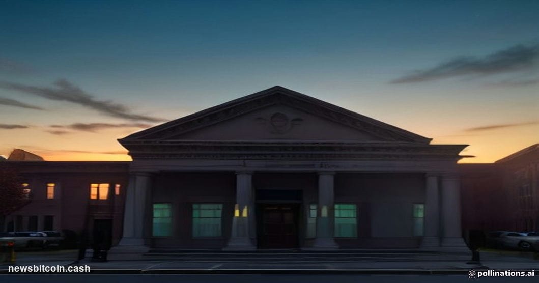Cinematic photorealistic editorial photograph of a classic American small-town community bank building — red brick façade, st