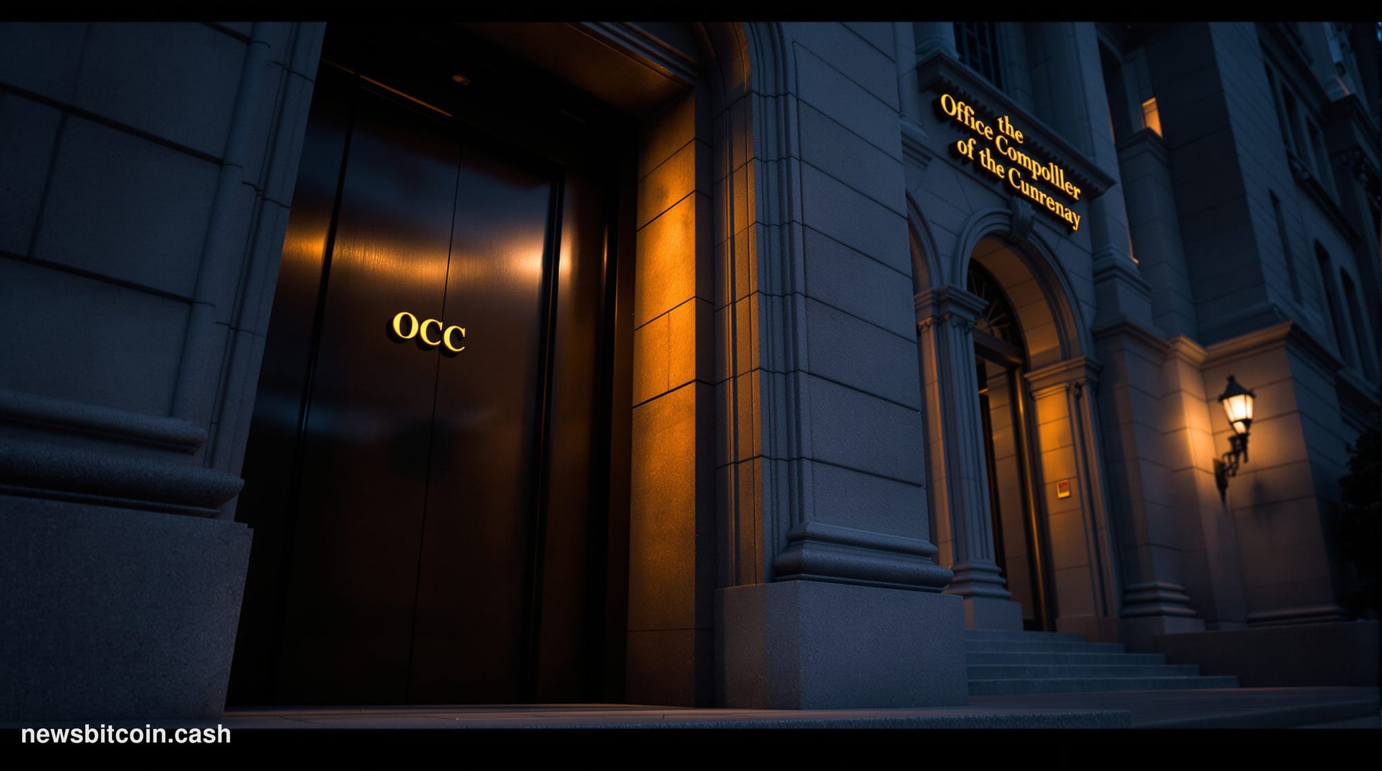 Cinematic photorealistic editorial photograph of the Office of the Comptroller of the Currency headquarters building in Washi