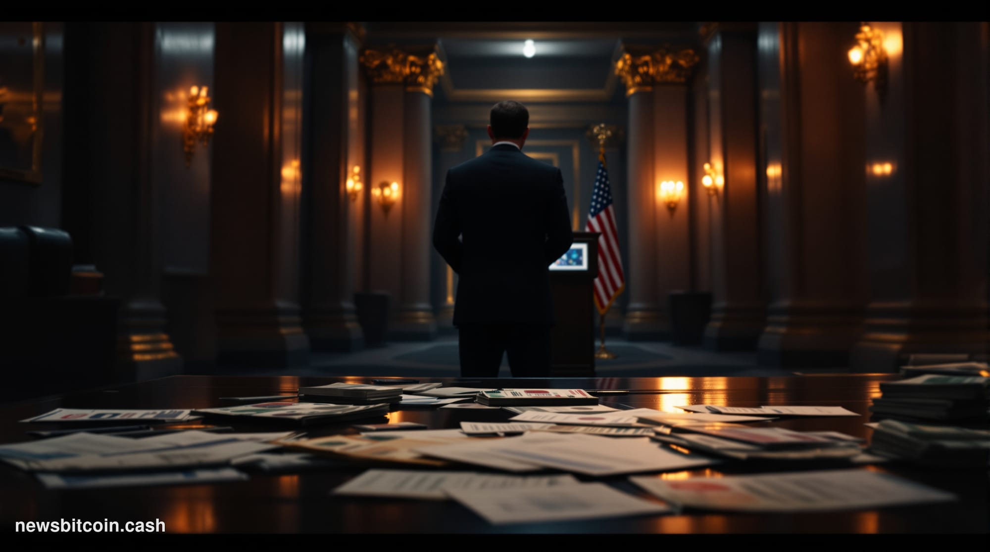 Cinematic photorealistic editorial photograph of a tense federal law enforcement setting: a dimly lit US Treasury Department 