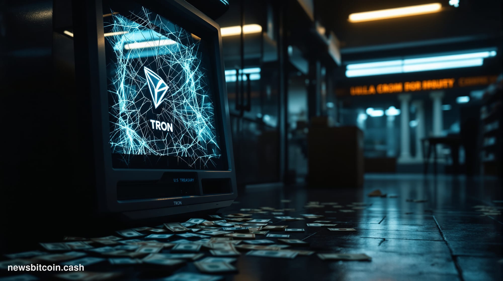 Cinematic photorealistic editorial photograph of a battered cryptocurrency ATM kiosk inside a dimly lit urban convenience sto