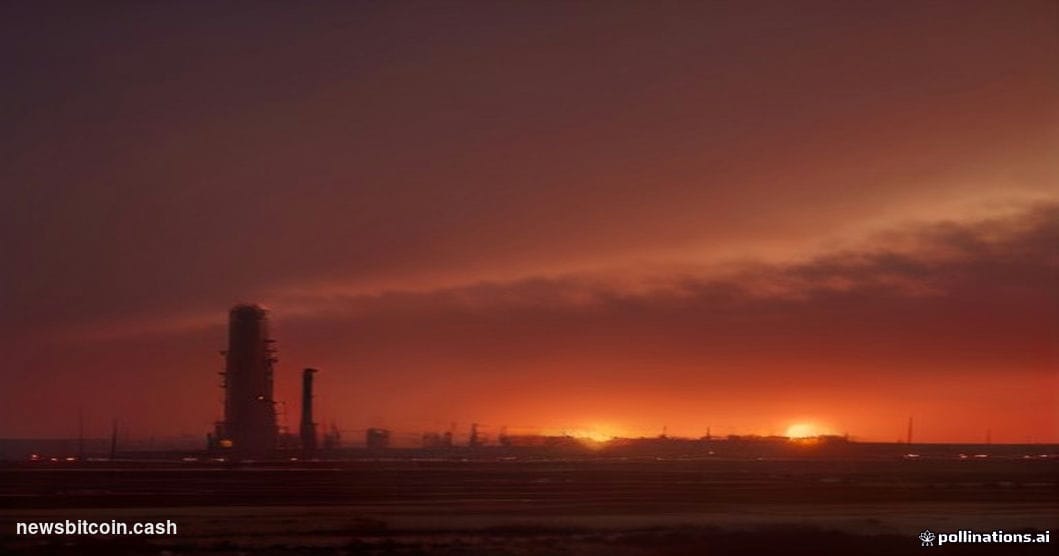 Cinematic photorealistic editorial photograph of a massive oil refinery complex at dusk, shot from a low wide angle with dram