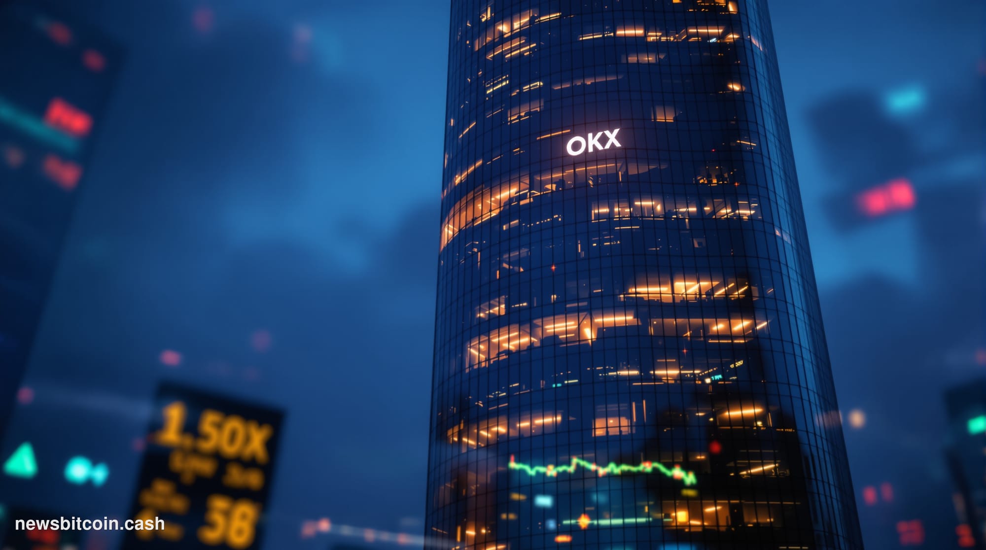 Cinematic photorealistic editorial photograph of a sleek glass-and-steel financial district tower at dusk, representing the h