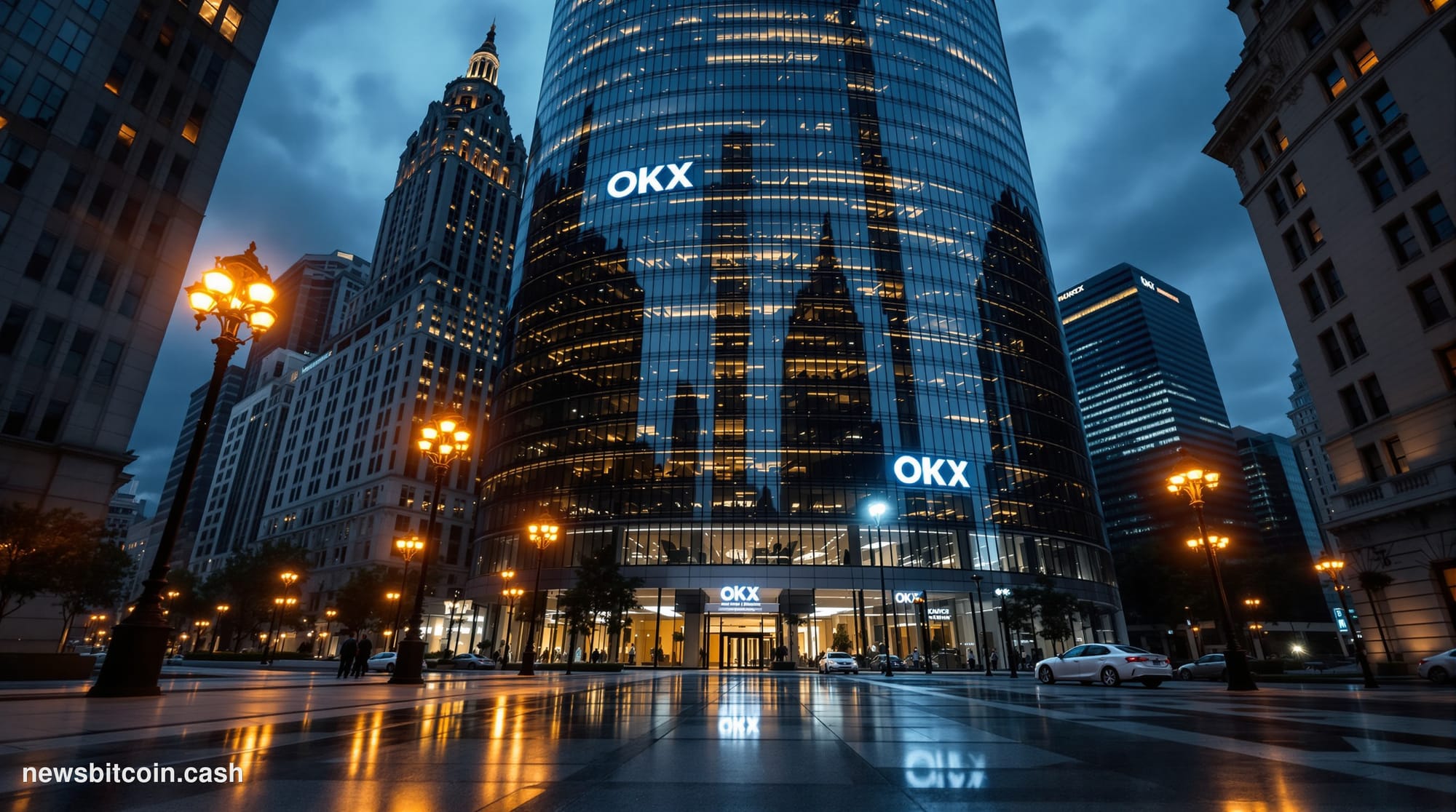 Cinematic photorealistic editorial photograph of a sleek modern financial district at dusk, featuring a towering glass corpor