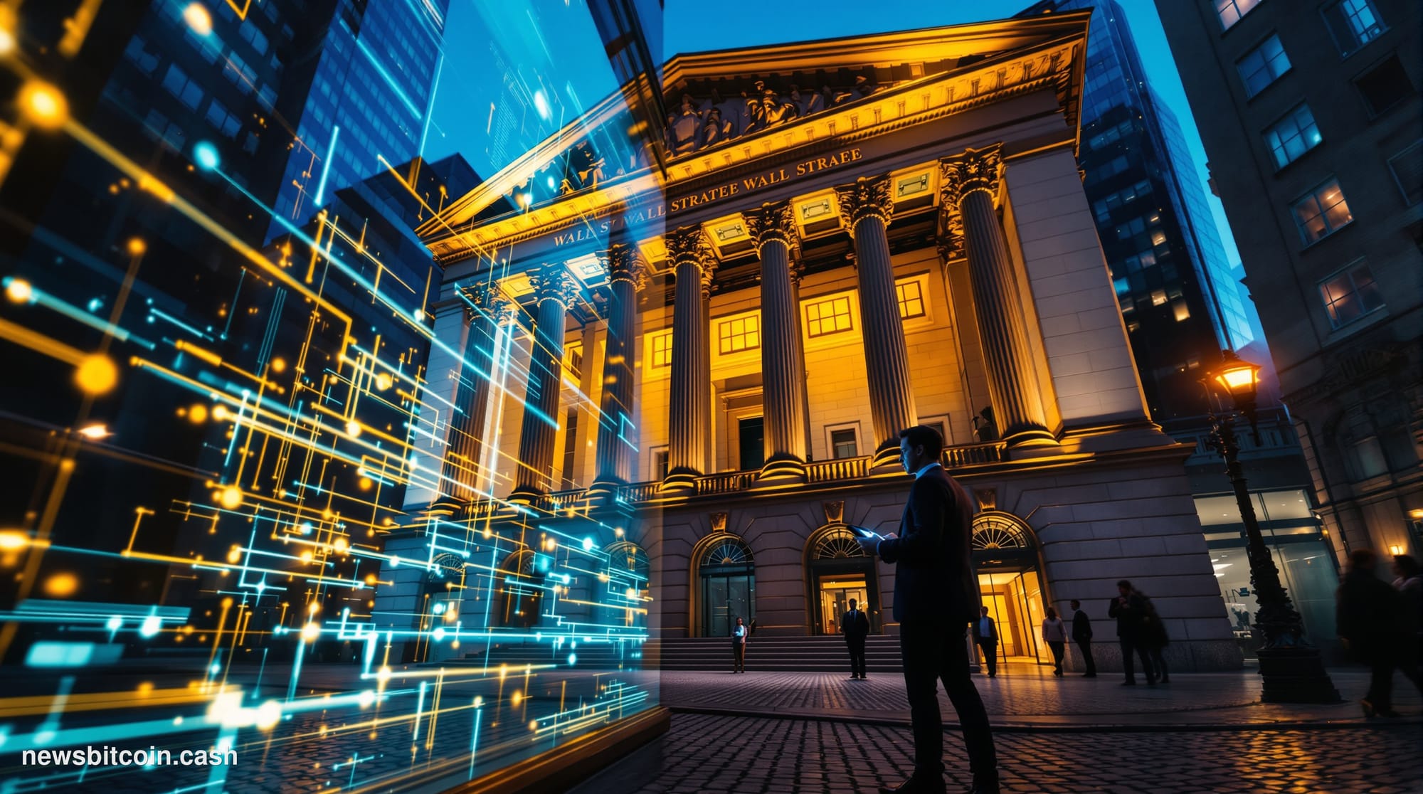 Cinematic photorealistic editorial photograph of the New York Stock Exchange's iconic neoclassical facade on Wall Street at n