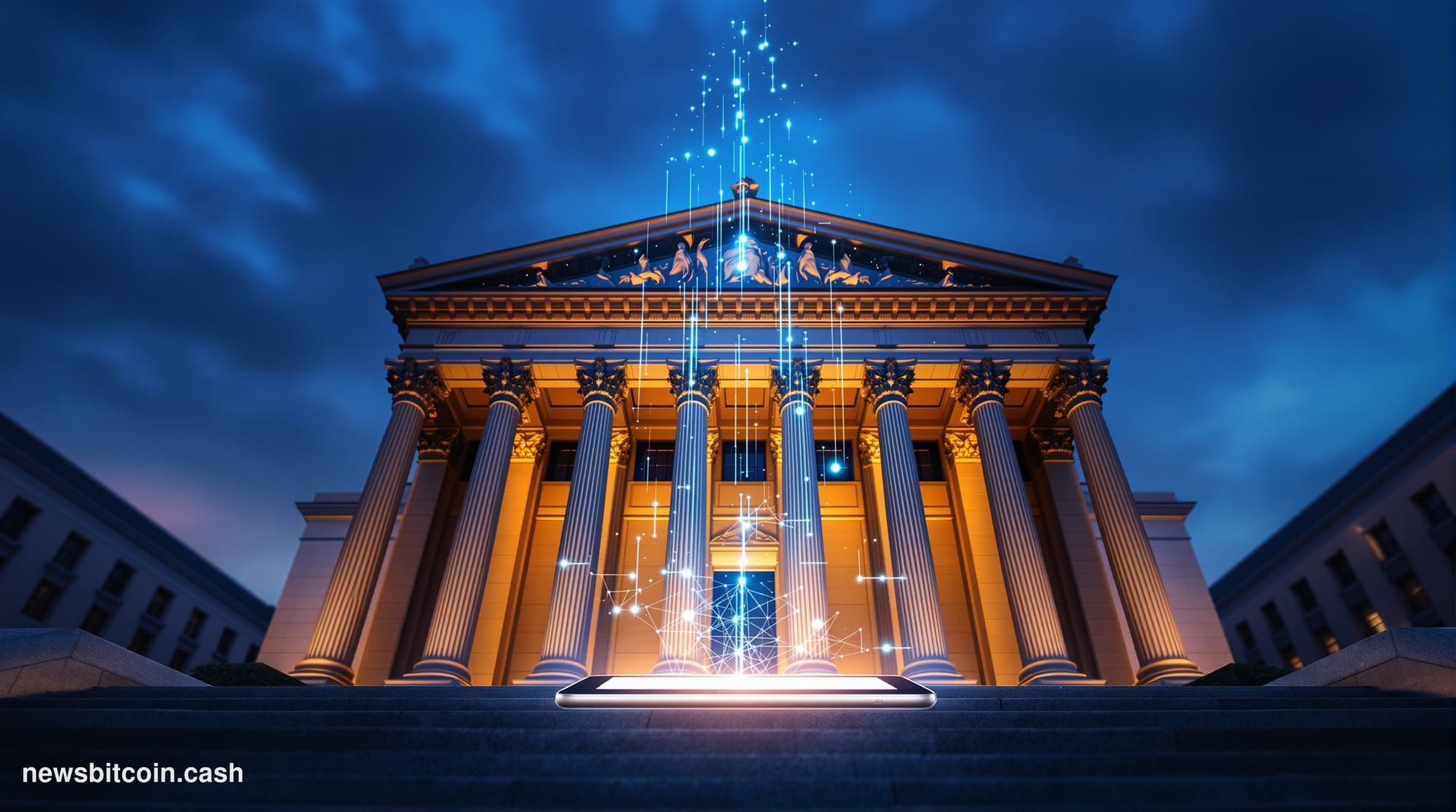 A cinematic photorealistic editorial photograph shot at the iconic New York Stock Exchange building on Wall Street, its neocl