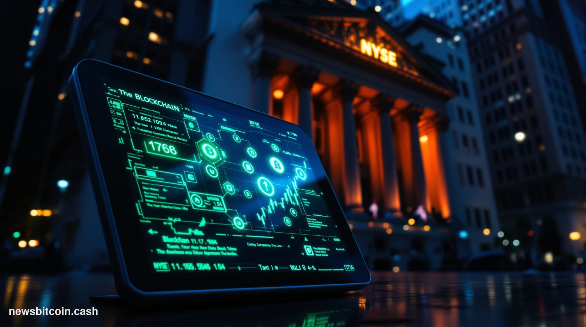 A cinematic photorealistic editorial photograph set at the New York Stock Exchange's iconic neoclassical facade on Wall Stree