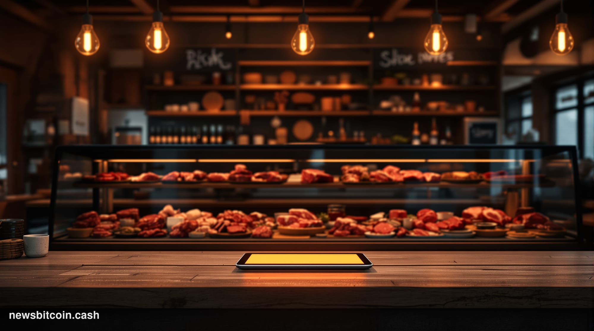 Cinematic photorealistic editorial photograph of a rustic but modern artisanal butcher shop interior in the American Midwest,
