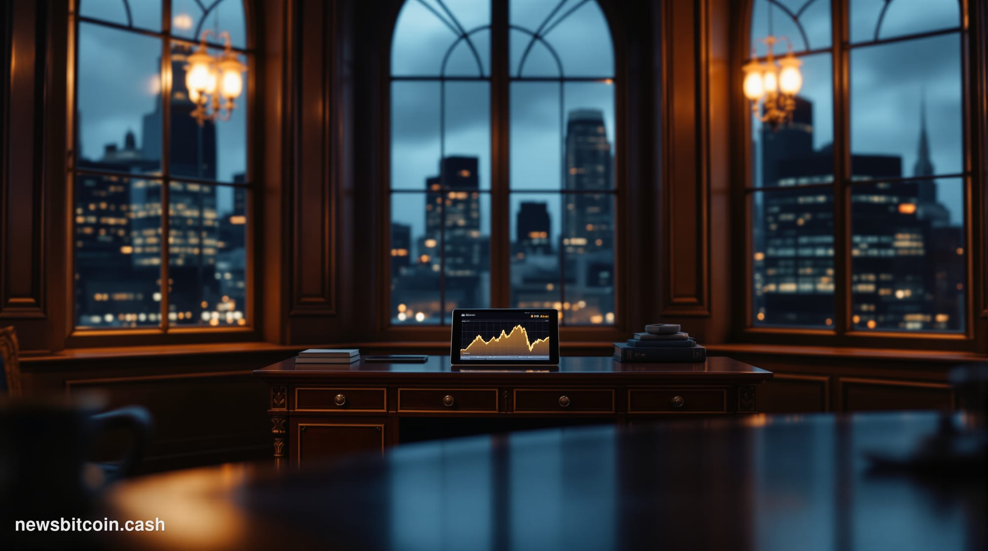A cinematic photorealistic editorial photograph shot inside a dimly lit, wood-paneled private wealth management office, sugge