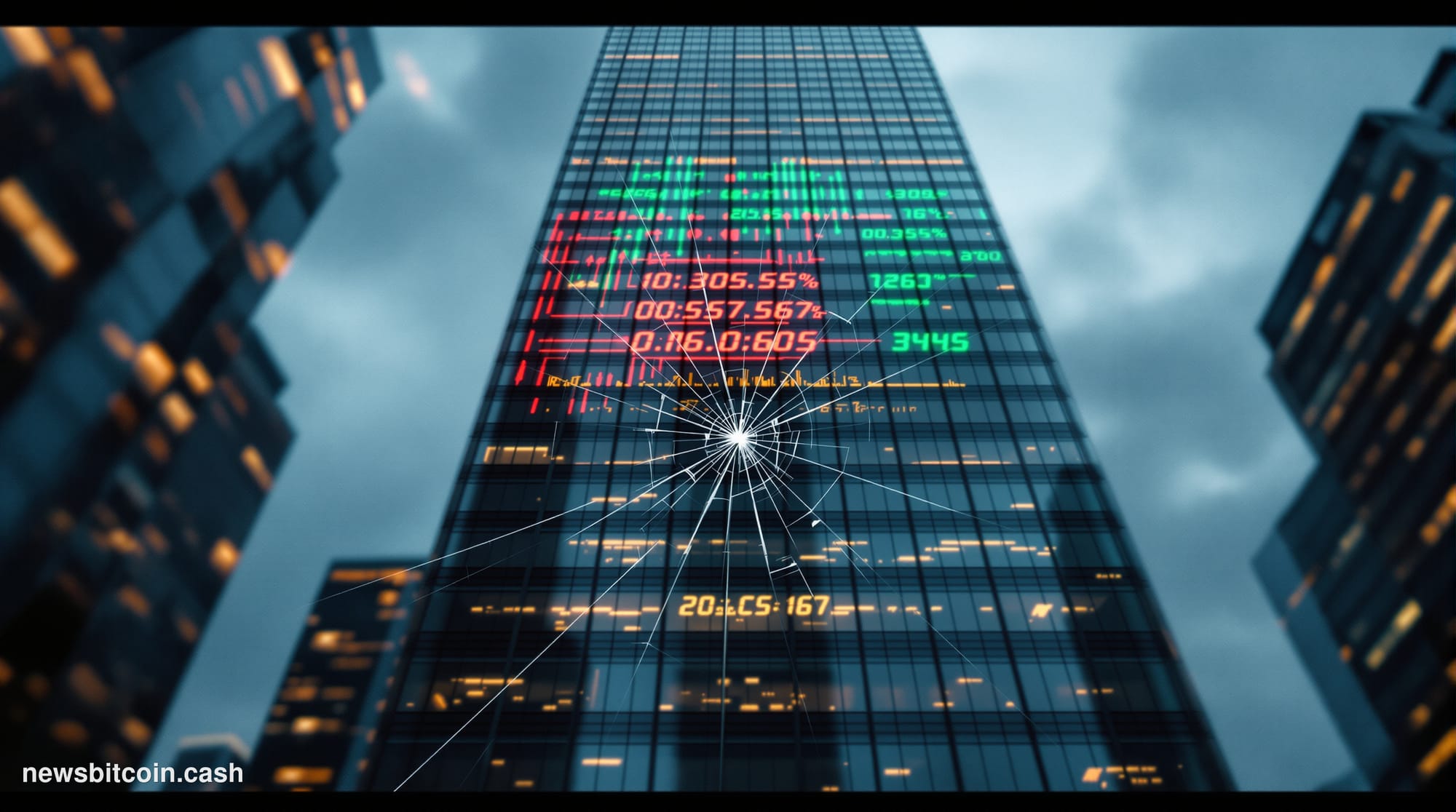 A cinematic photorealistic editorial photograph shot from a low angle looking up at the glass-and-steel facade of a major fin