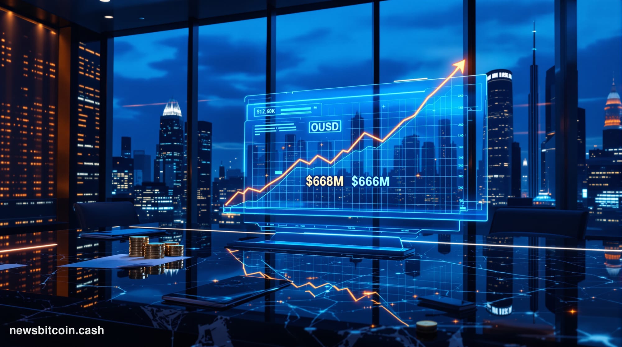 Cinematic photorealistic editorial photograph of a sleek, minimalist financial trading floor at dusk, bathed in cool blue amb