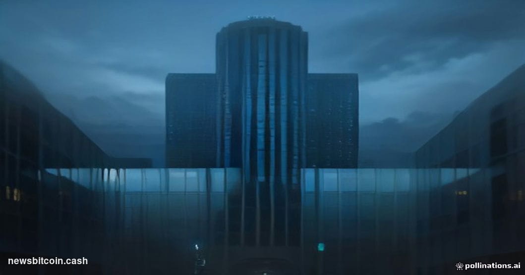 Cinematic photorealistic editorial photograph of a sleek, glass-and-steel technology campus at dusk, shot from a low angle lo