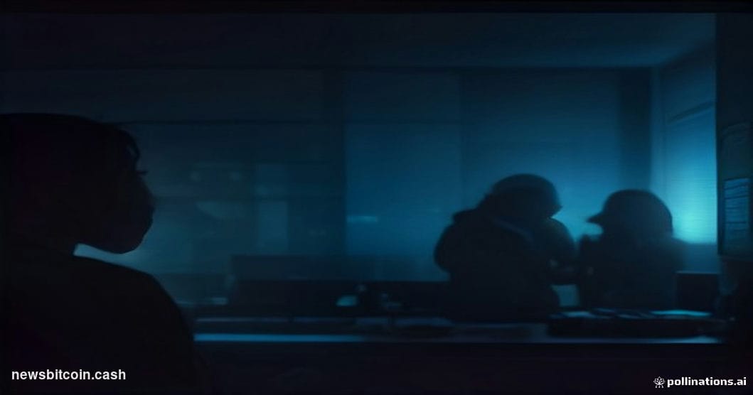 A cinematic photorealistic editorial photograph set in a dimly lit server room with dramatic blue and amber lighting. In the 