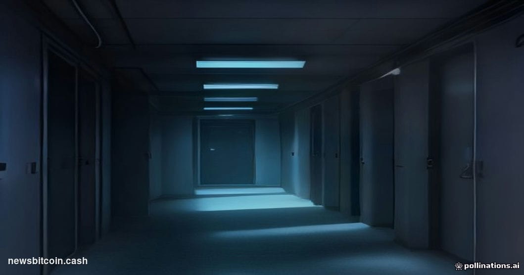 Cinematic photorealistic editorial photograph of a dimly lit server room corridor, foreground dominated by a glowing Ethereum