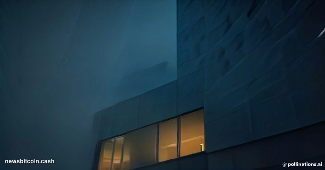 Cinematic photorealistic editorial photograph shot from a low angle looking up at OpenAI's San Francisco office building exte