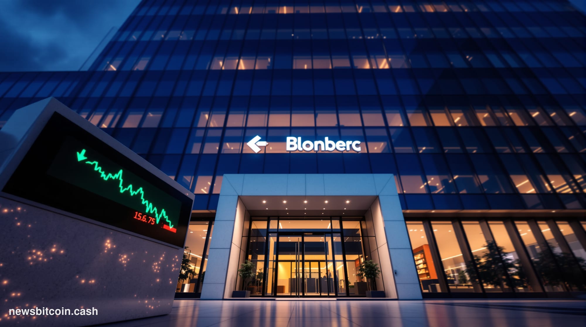 A cinematic photorealistic editorial photograph of a sleek modern tech company headquarters exterior at dusk, shot from a low