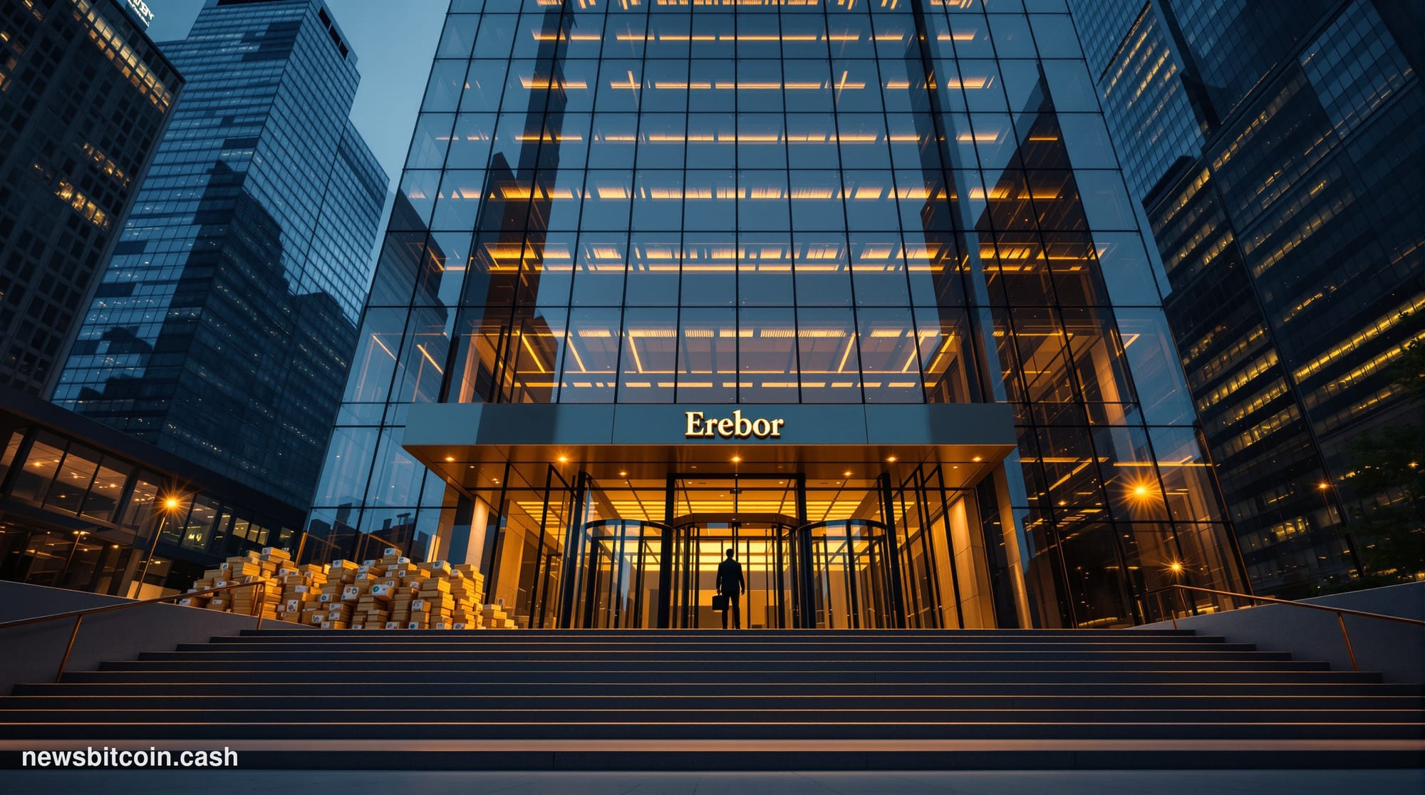 Cinematic photorealistic editorial photograph of a sleek modern bank headquarters at dusk in a dense urban financial district