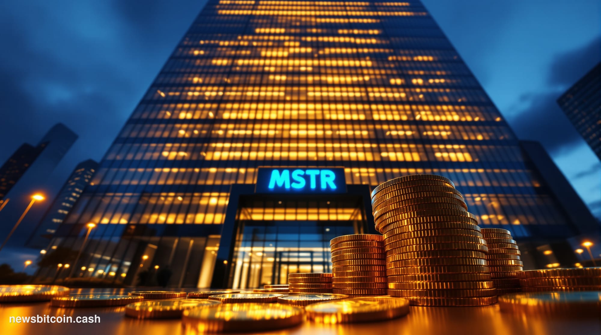A cinematic photorealistic editorial photograph shot from a low angle looking up at a glass-and-steel corporate tower at twil