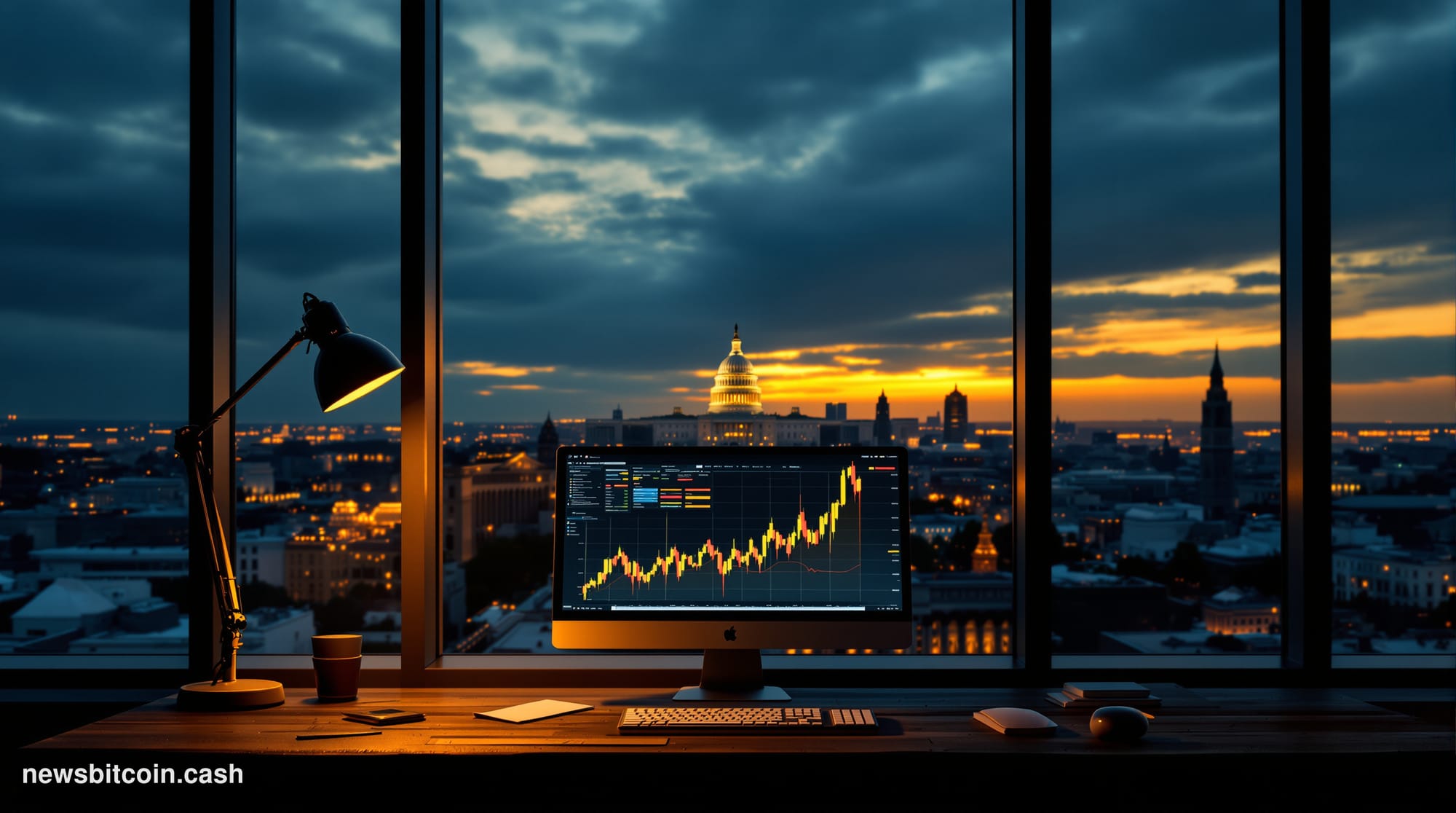 A cinematic photorealistic editorial photograph split between two worlds: in the foreground, a weathered trader's desk with a