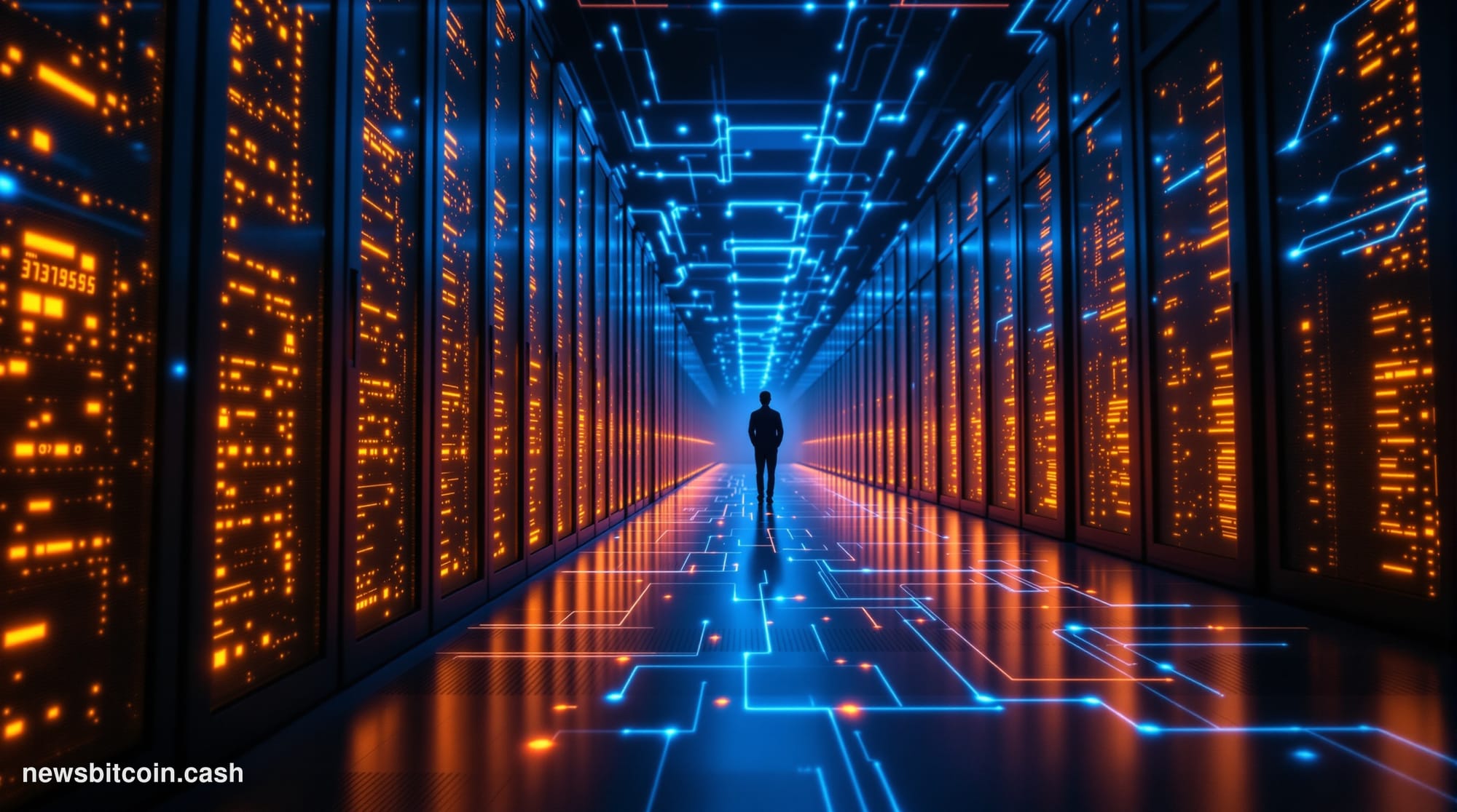 Cinematic photorealistic editorial photograph of a dimly lit, high-tech Bitcoin mining facility interior, with rows of ASIC m