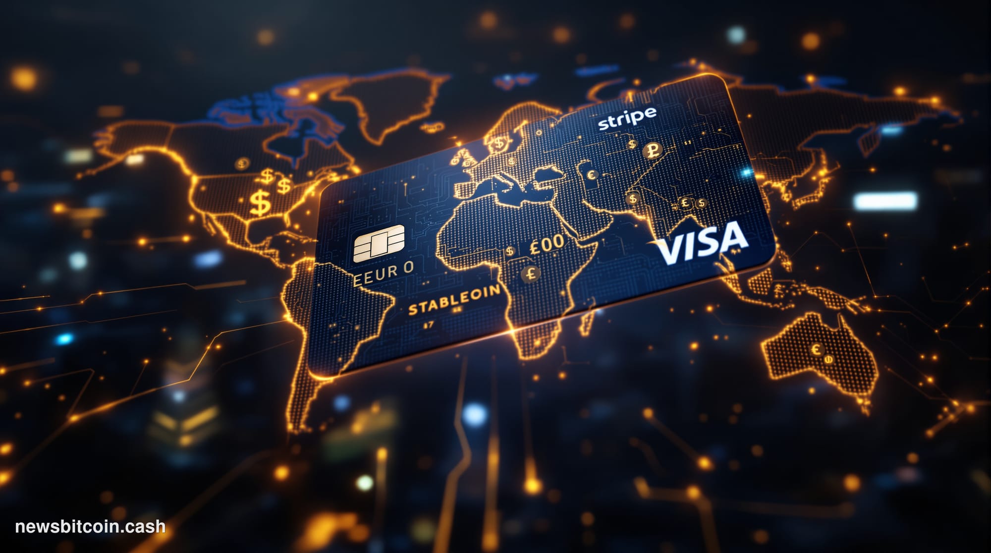 Cinematic photorealistic editorial photograph of a sleek, futuristic payment card hovering above a world map rendered in glow