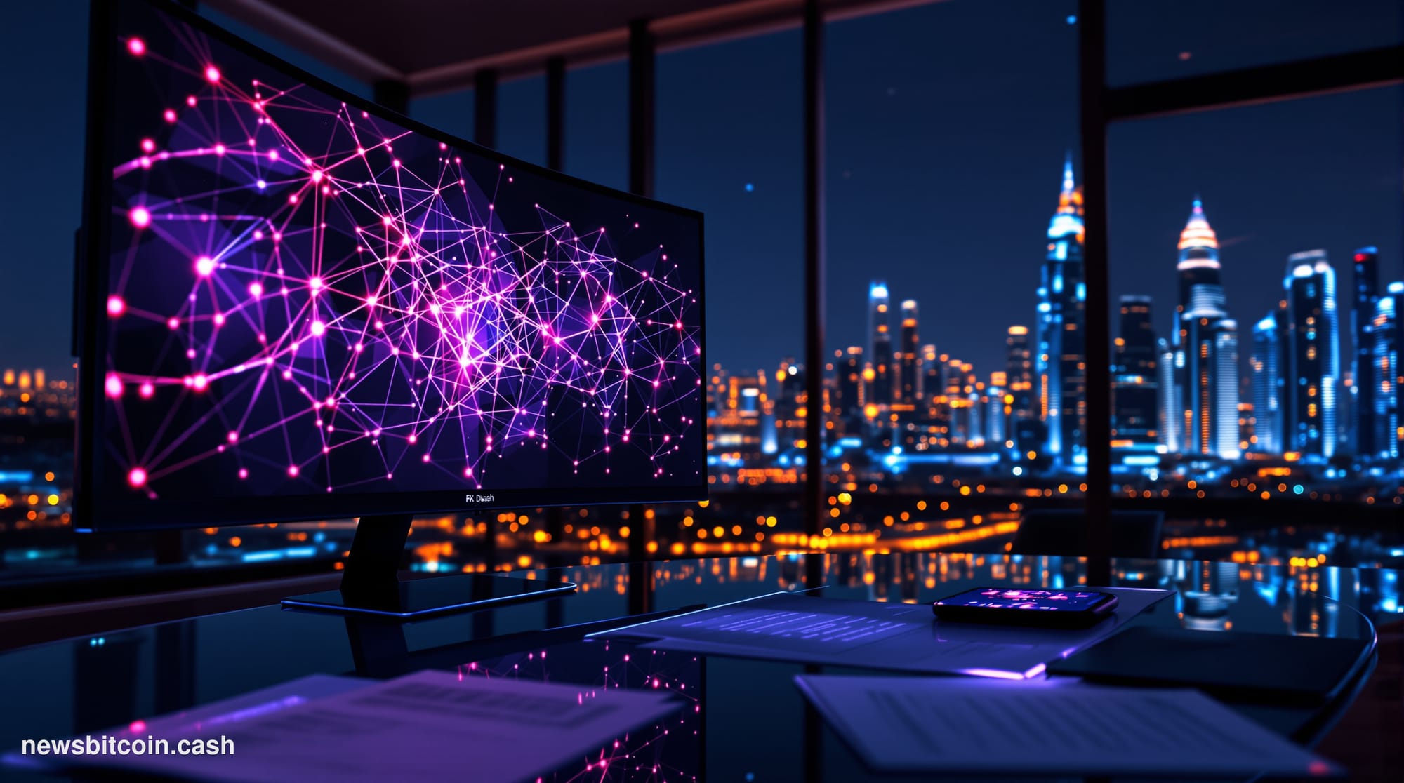Cinematic photorealistic editorial photograph of a sleek fintech operations center at night, with large curved monitors displ