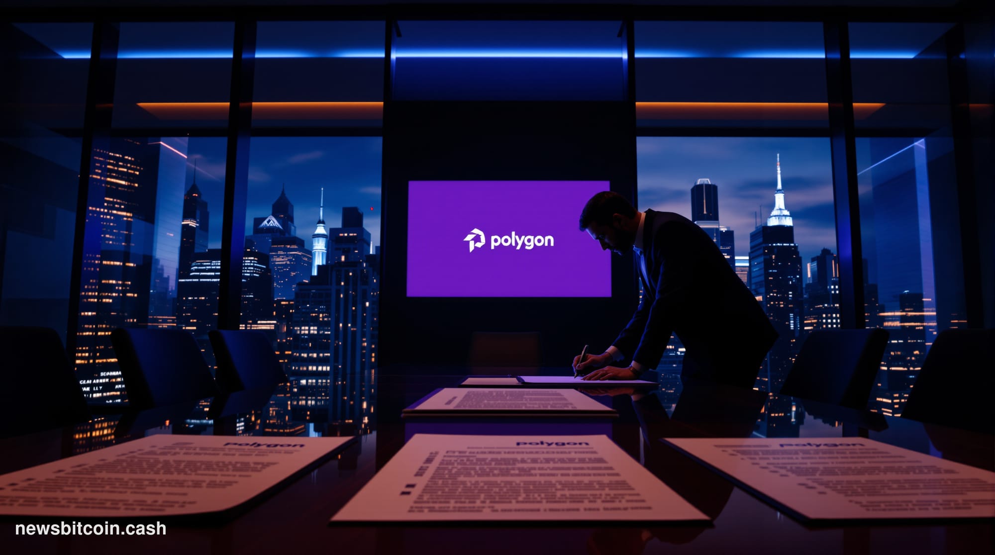 Cinematic photorealistic editorial photograph of a sleek corporate signing room bathed in cool blue and warm amber accent lig